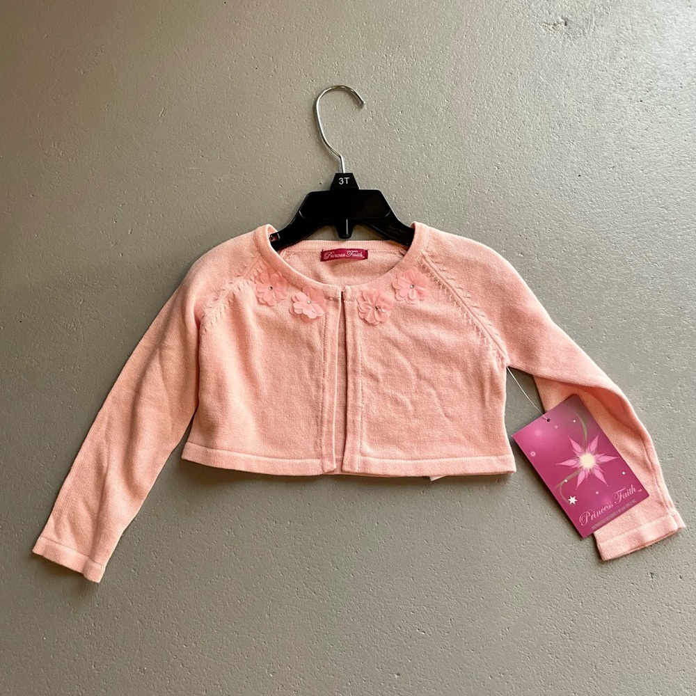 Toddler 3T pink shrug sweater. Floral appliqué